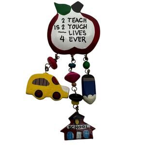 Vintage Teacher Apple Brooch Pin with School Bus Pencil Schoolhouse Charms